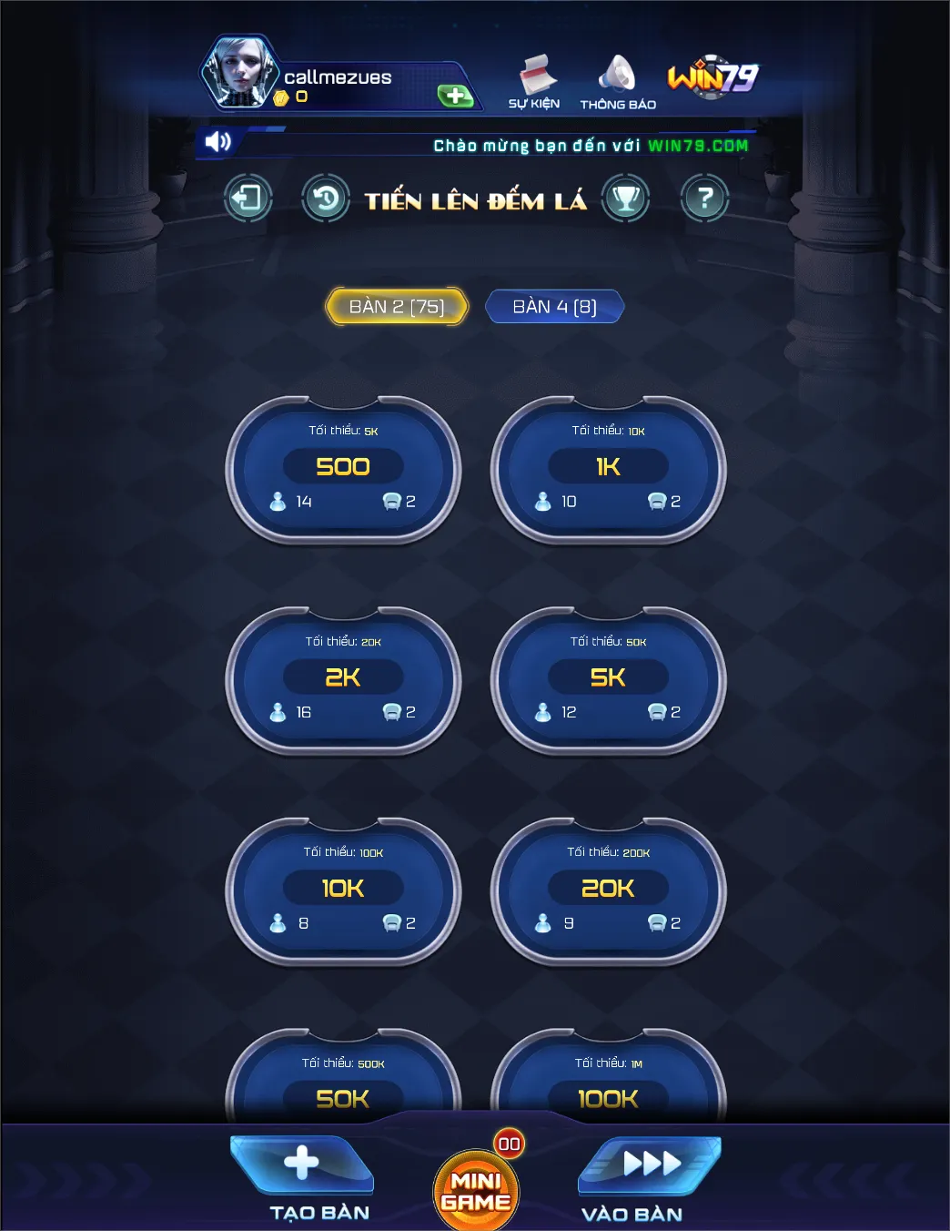 sảnh tiến lên đếm lá win79